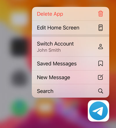 Menu App nella schermata iniziale di iOS 13, con un pulsante 'Cambia account'.